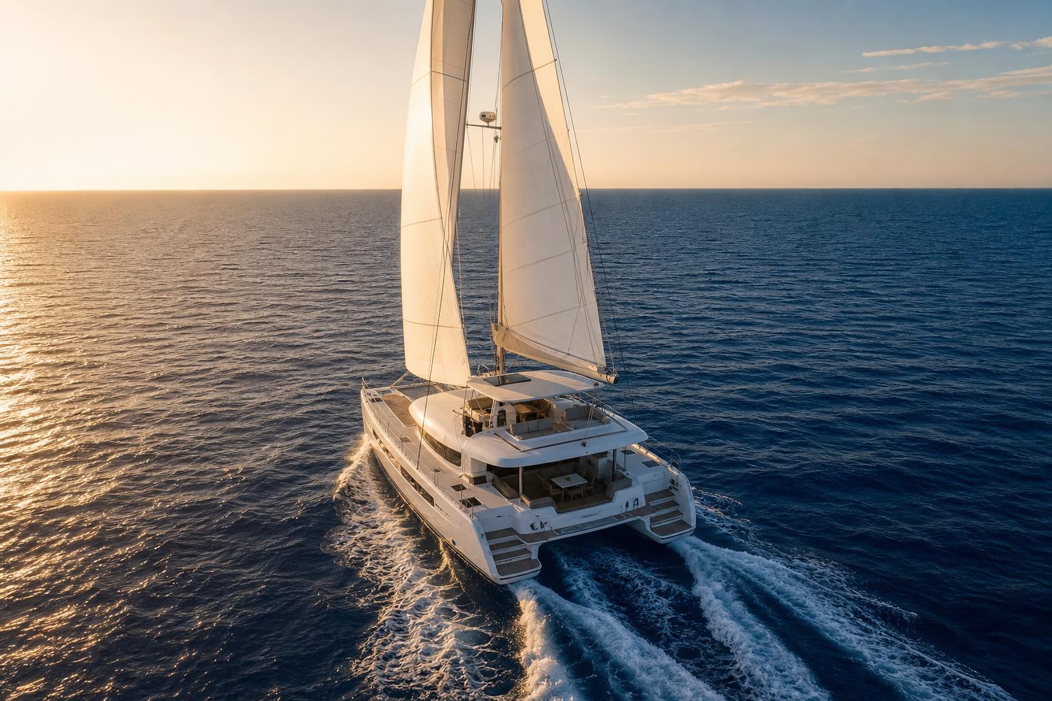 Luxury catamaran anchored in a Croatian bay at golden hour