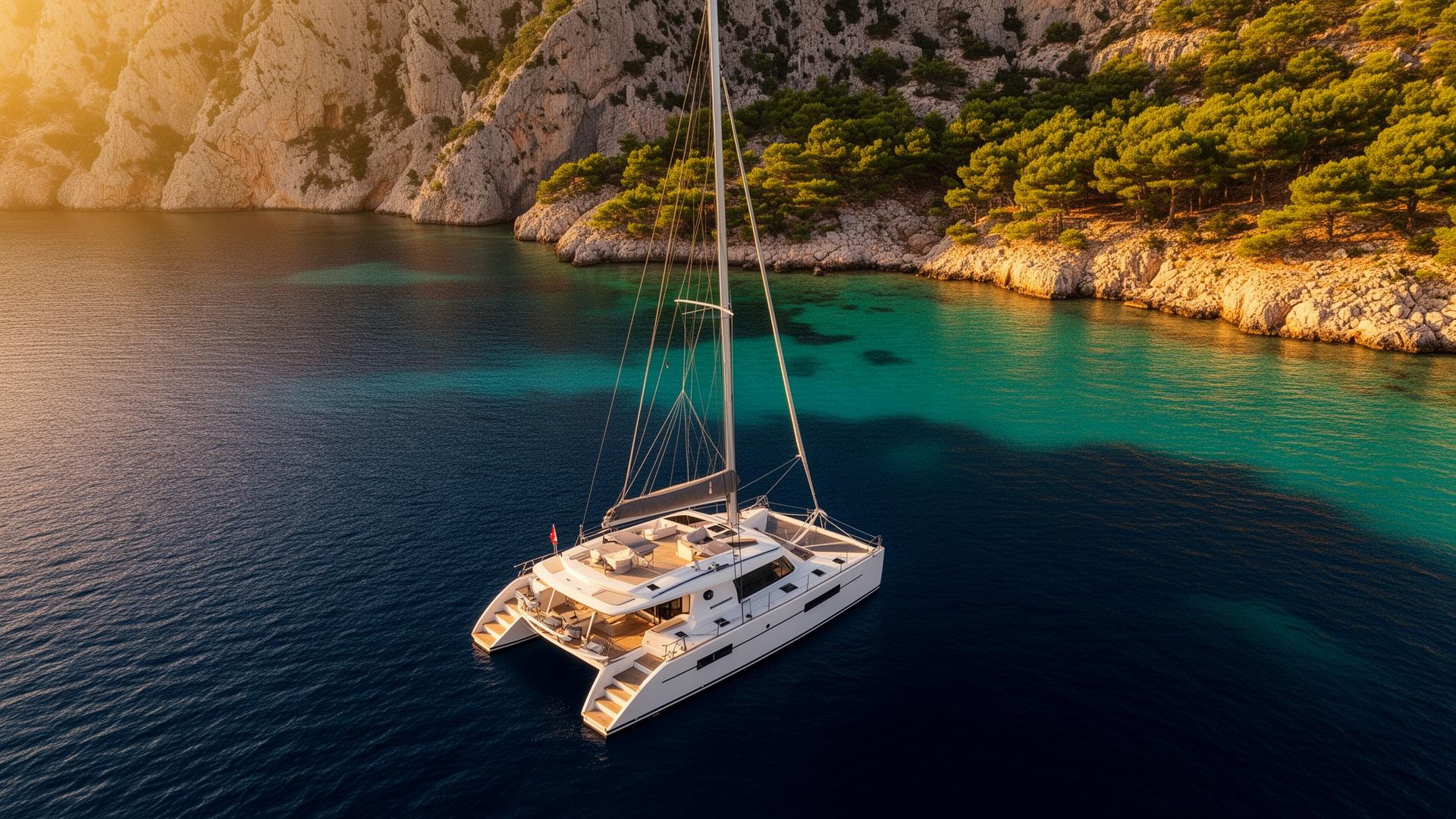 Luxury catamaran anchored in a Croatian bay at golden hour